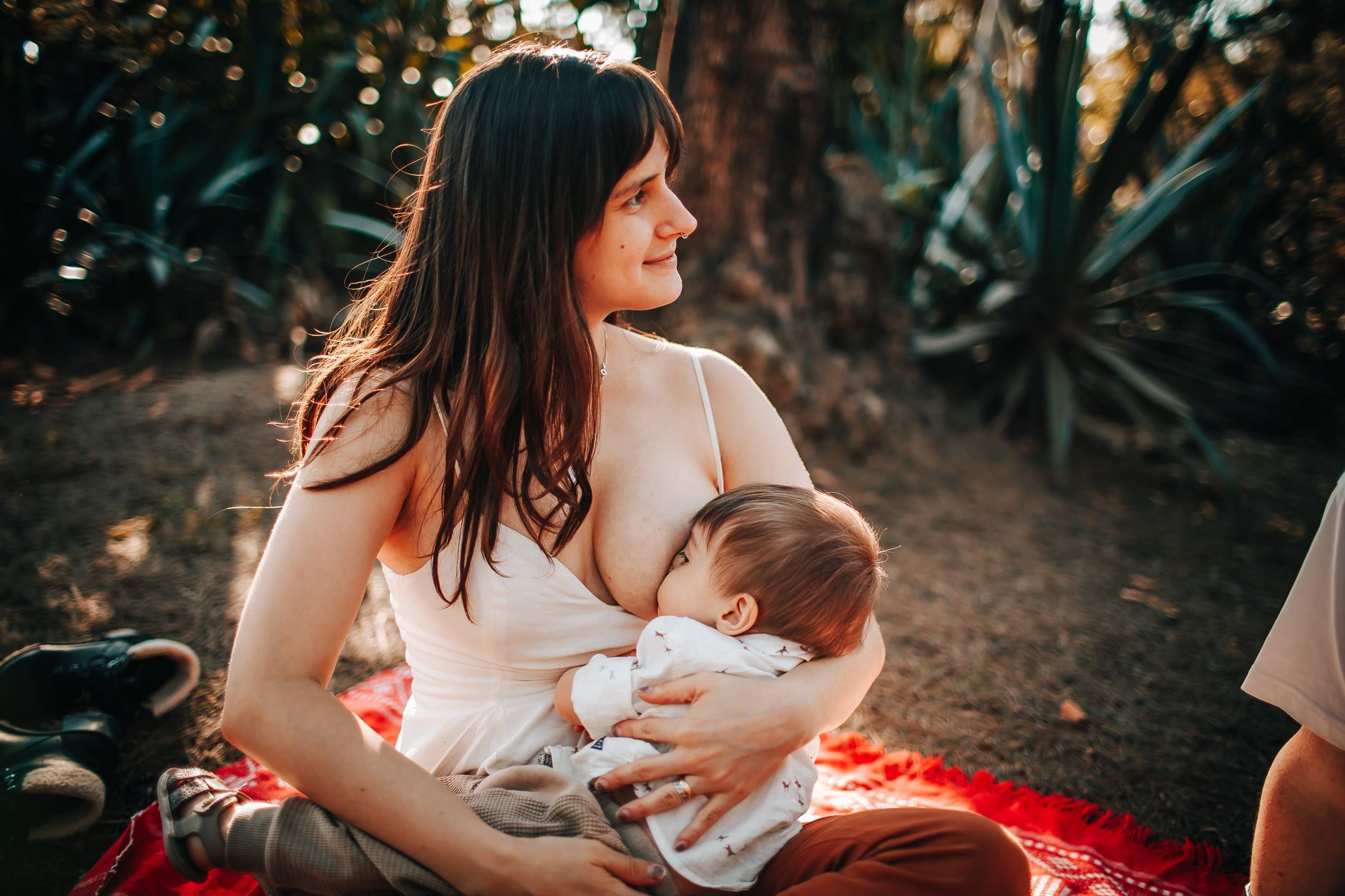 Mãe amamentando recém-nascido com pega correta na amamentação, lábios evertidos e queixo encostado na mama